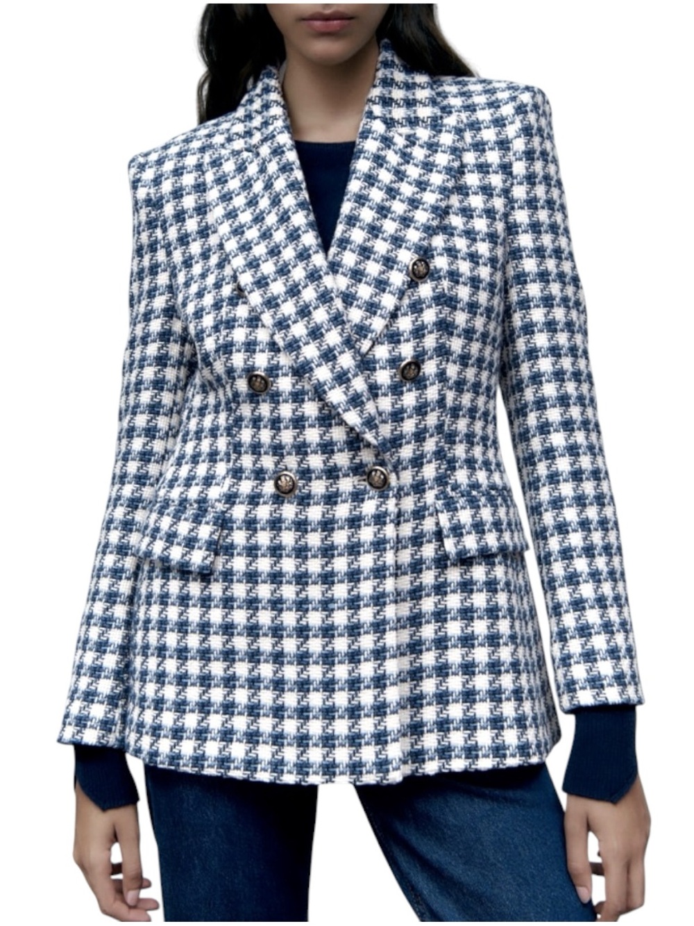 Zara White/Blue Textured Woven Houndstooth Double-Breasted Blazer Jacket (S)